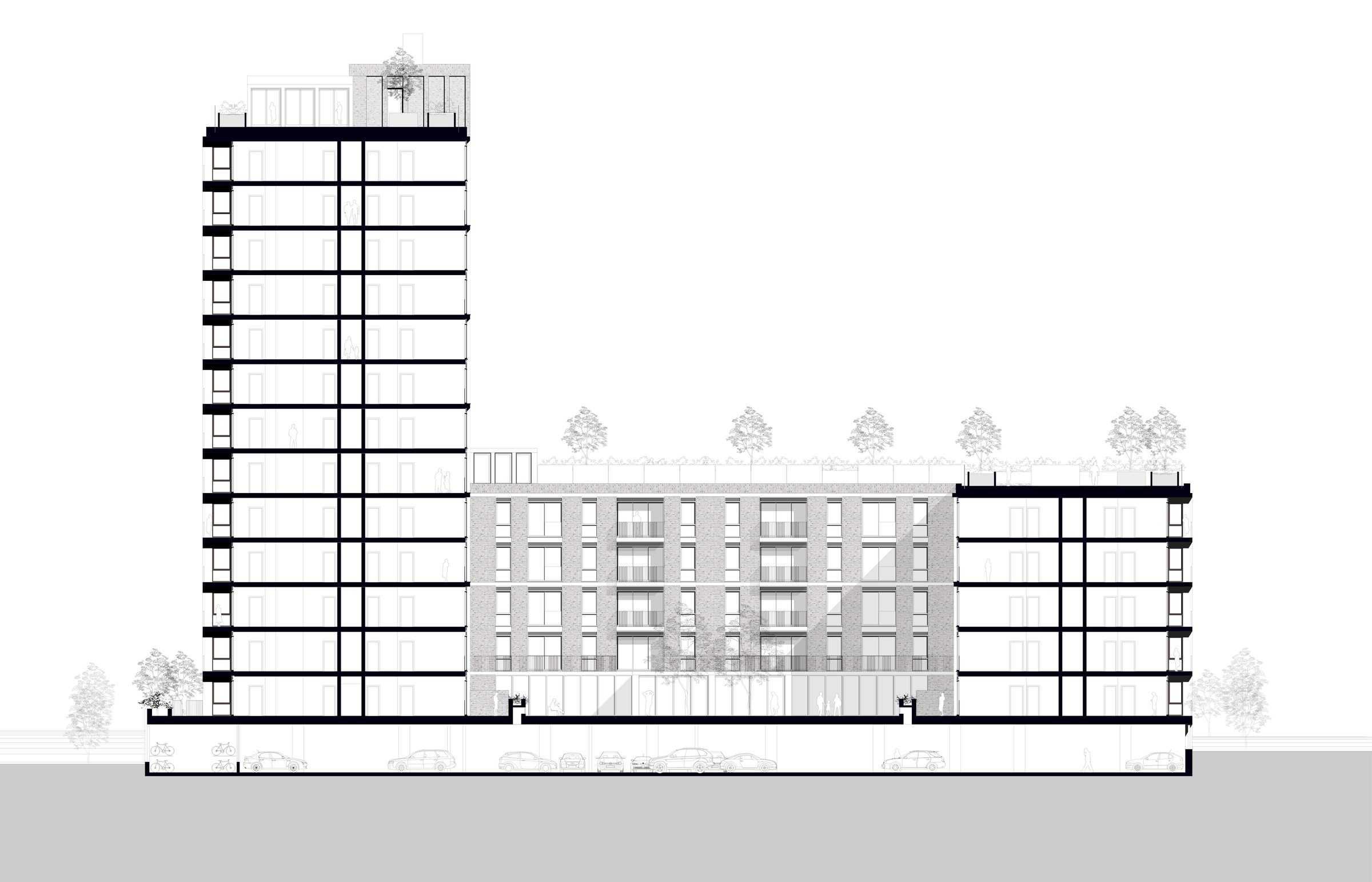 Elevation drawing showing the tower, the linking block and the lower wing