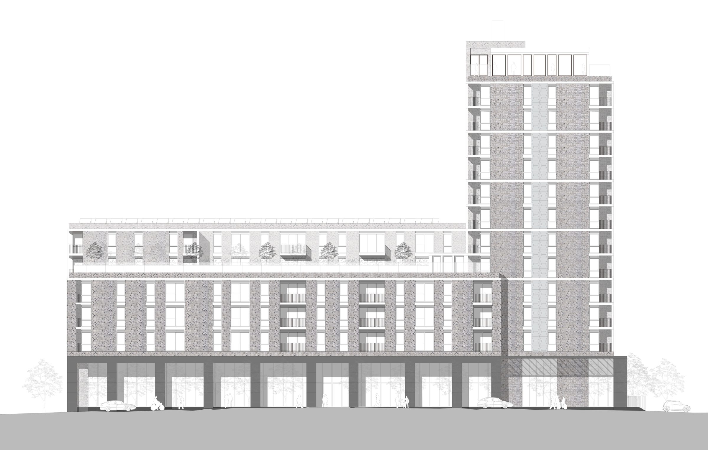 Elevation drawing showing the taller block alongside the lower street frontage