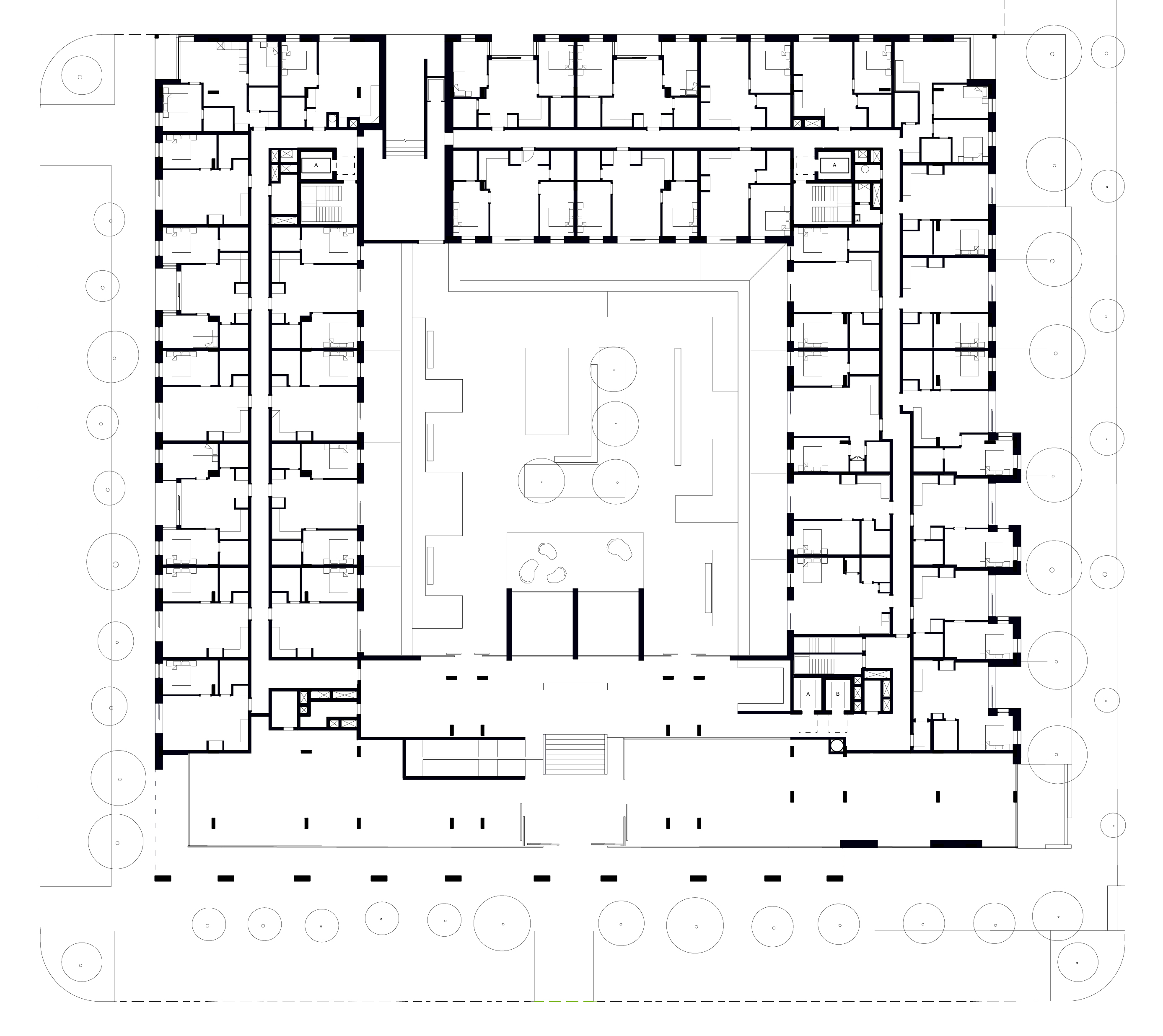 Floor plan showing the flats arranged around a central courtyard