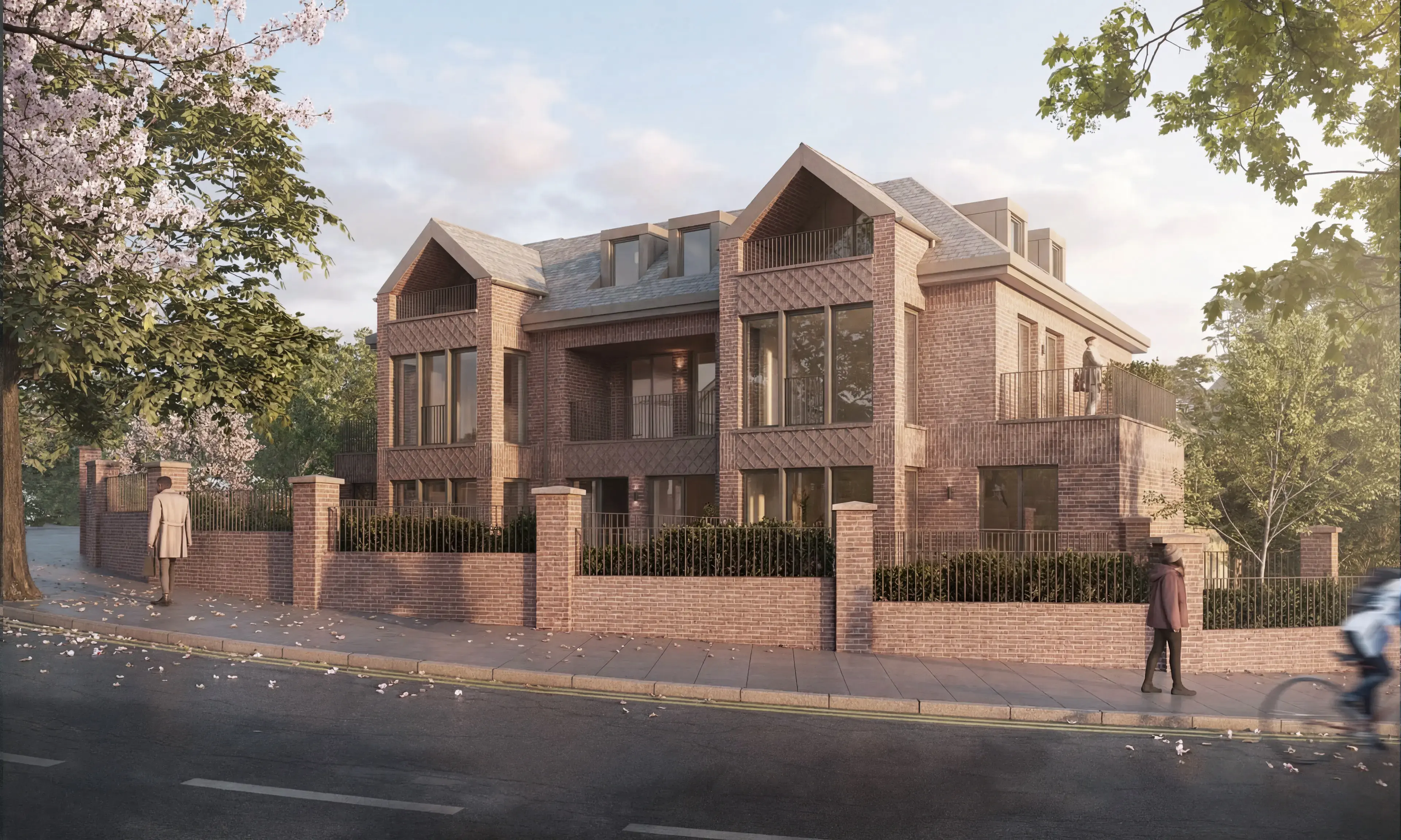 Visualisation of the building from the street, brick gables and bays behind a brick boundary wall with railings