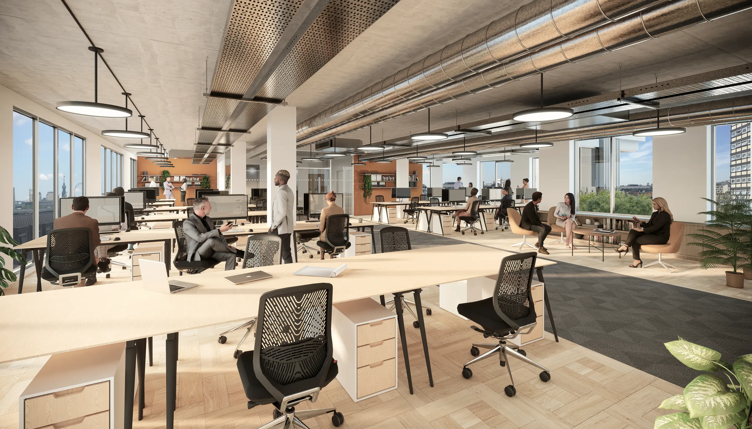 Visualisation of an open-plan office floor with exposed concrete soffit and services, and desks along the glazing