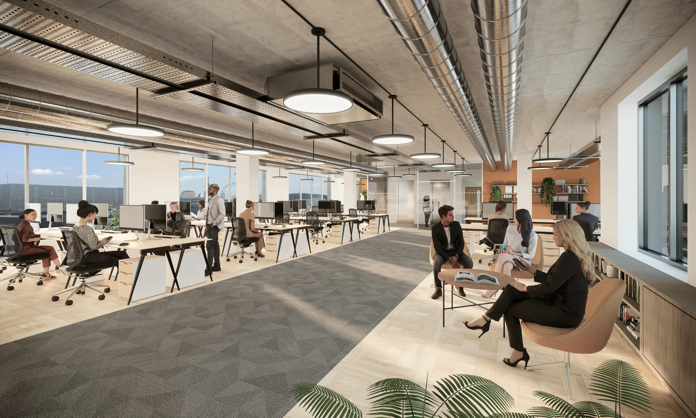 Visualisation of an office floor with desks to one side and a breakout area to the other, beneath exposed services