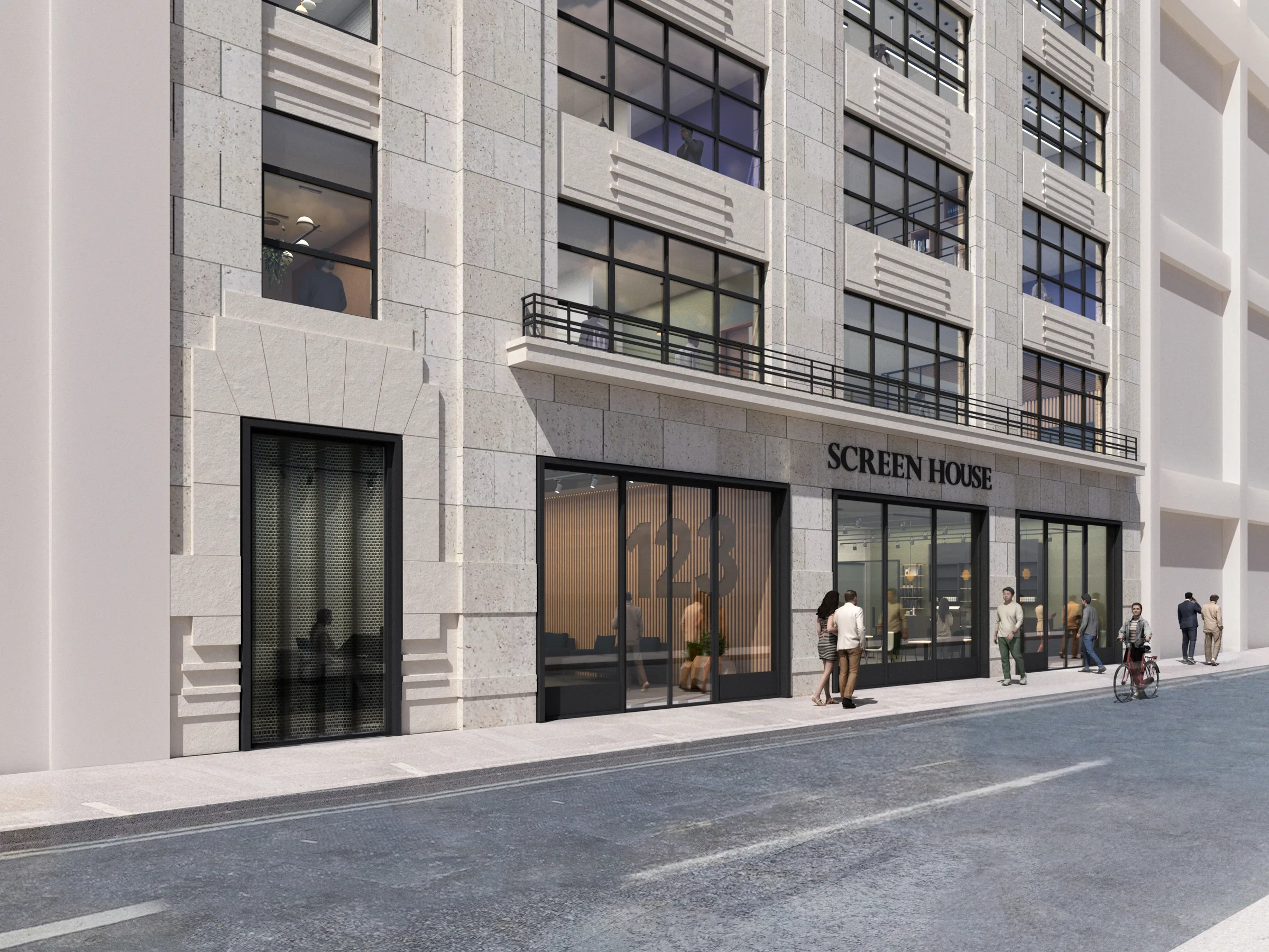 Visualisation of the Screen House entrance at street level, set into the stone facade