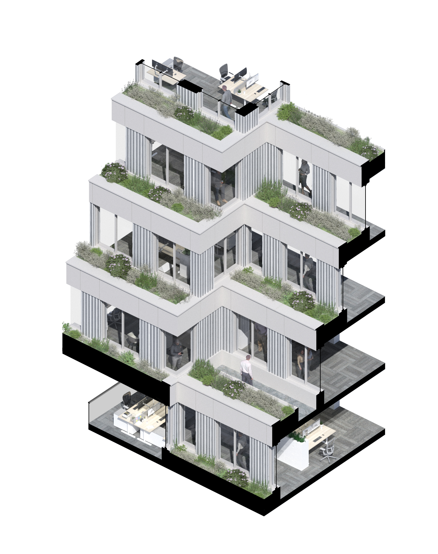 Exploded drawing showing the stepped floors and their planted terraces