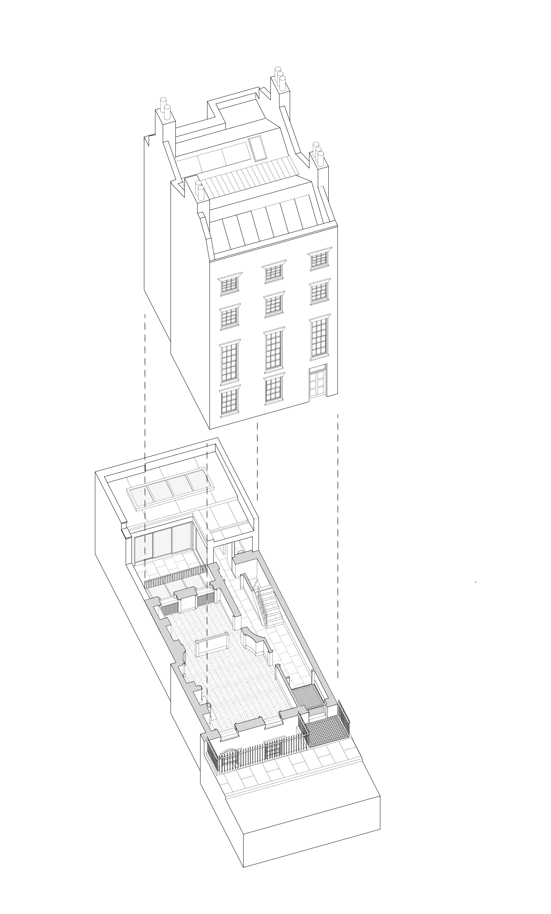 Exploded drawing separating the existing house above from the new lower ground floor below