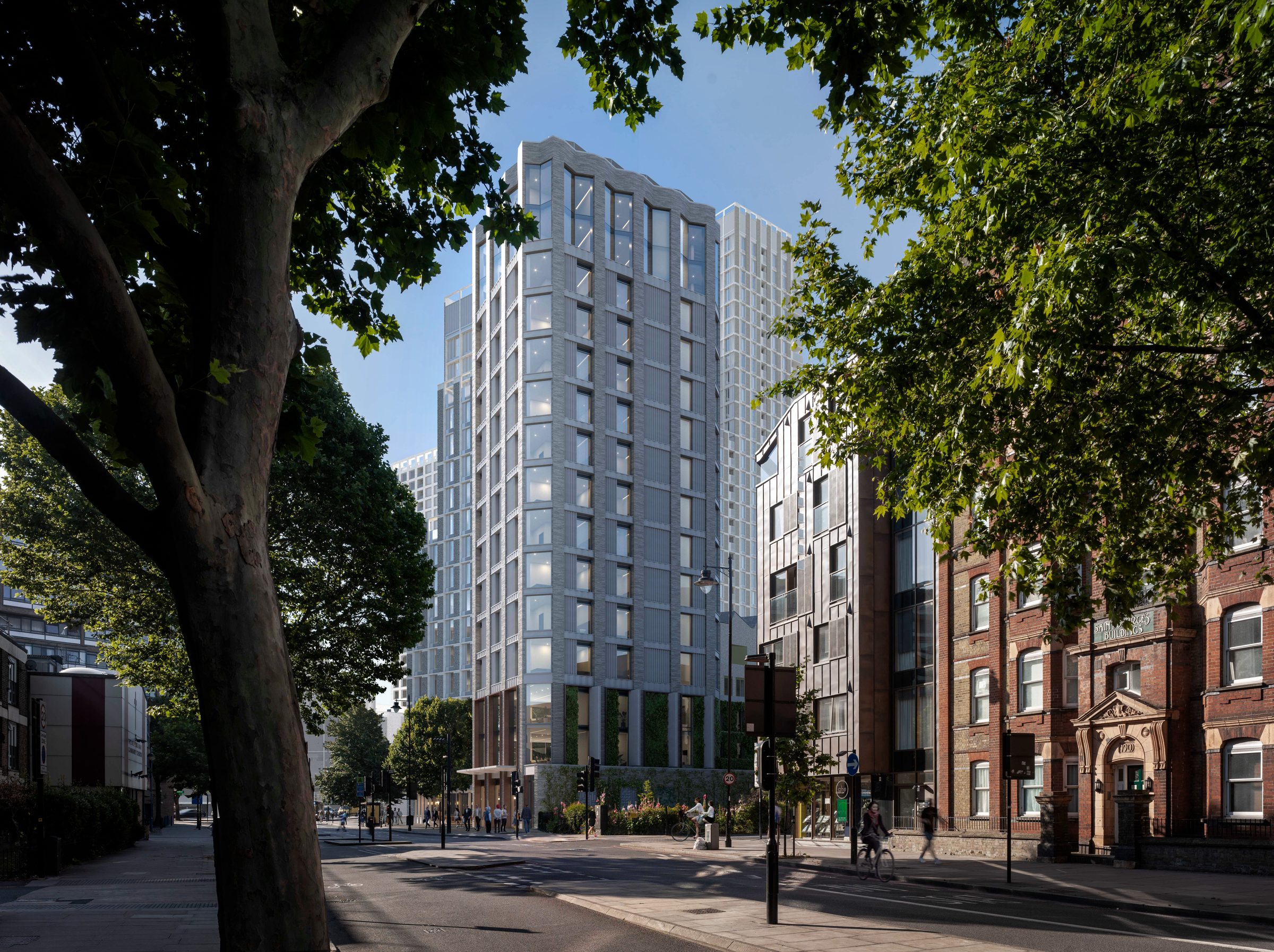 Visualisation of the tower seen from the street through mature trees, its pale facade set against neighbouring Victorian brick